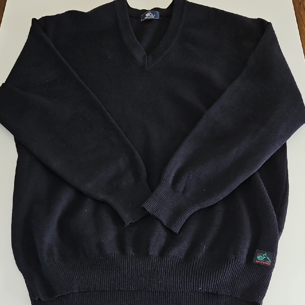 Saint James - Made In France - 100% Wool - Navy Blue / Black V-Neck Sweater